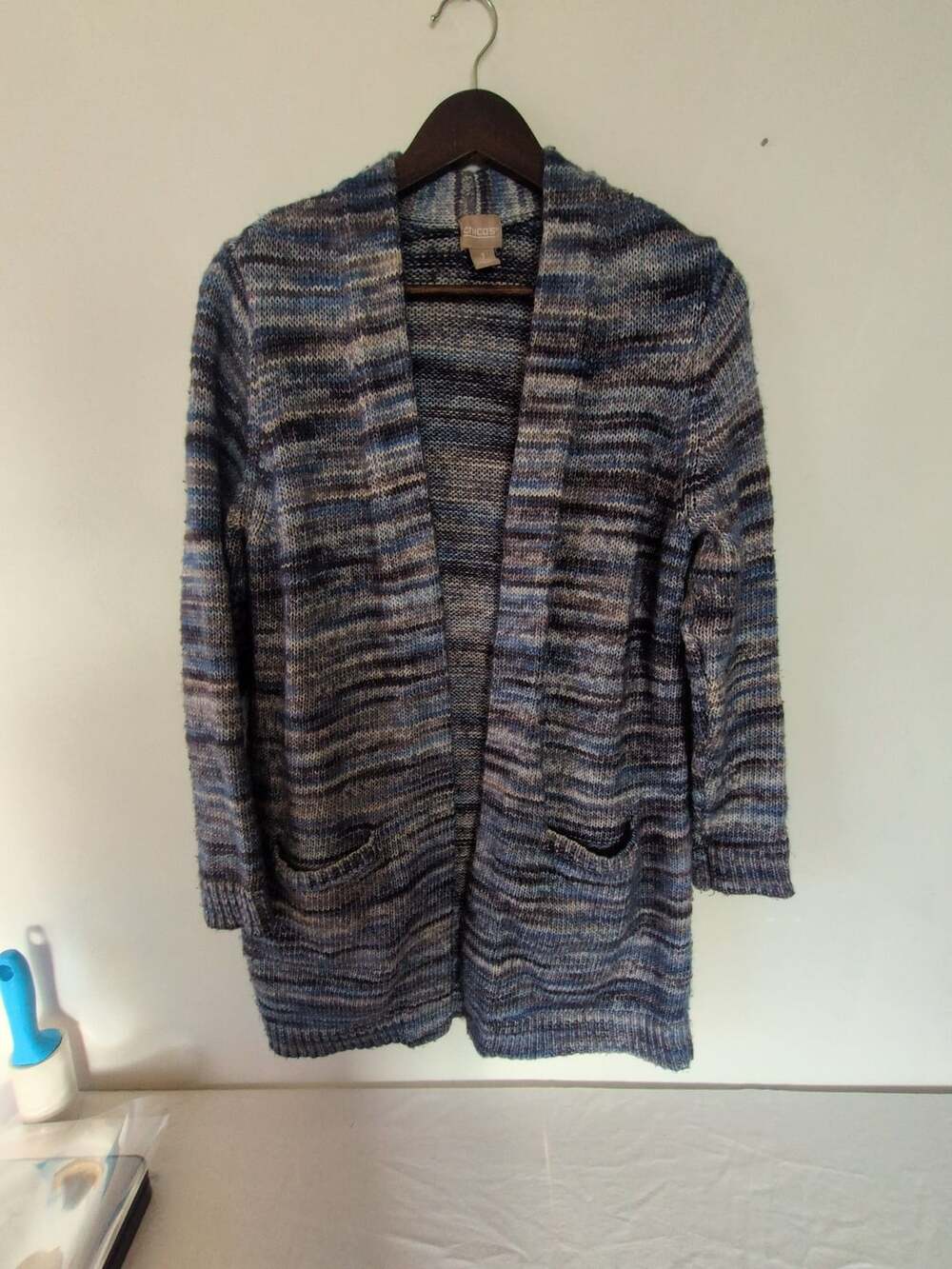 Chico's Open Front Cardigan Size 1 Blue Space Dye Knit Pocket Sweater
